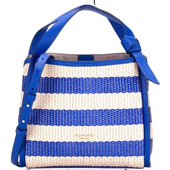 kate spade Handbags - Kate Spade Knott Blue Striped Medium Straw with Leather Trim Crossbody Tote